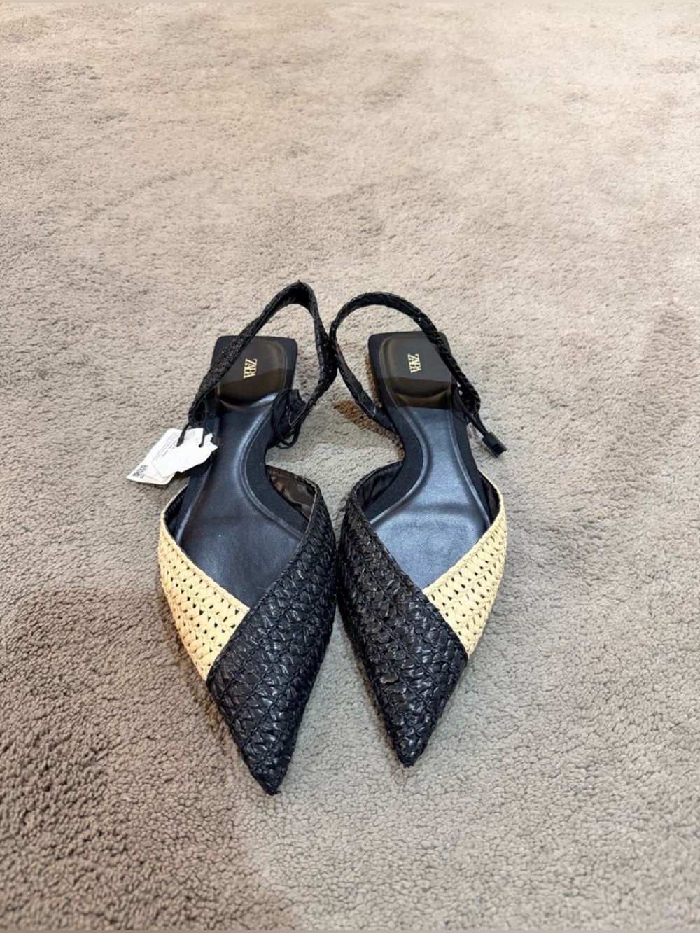 Zara Black and Cream Braided Pointed Slingback Flats